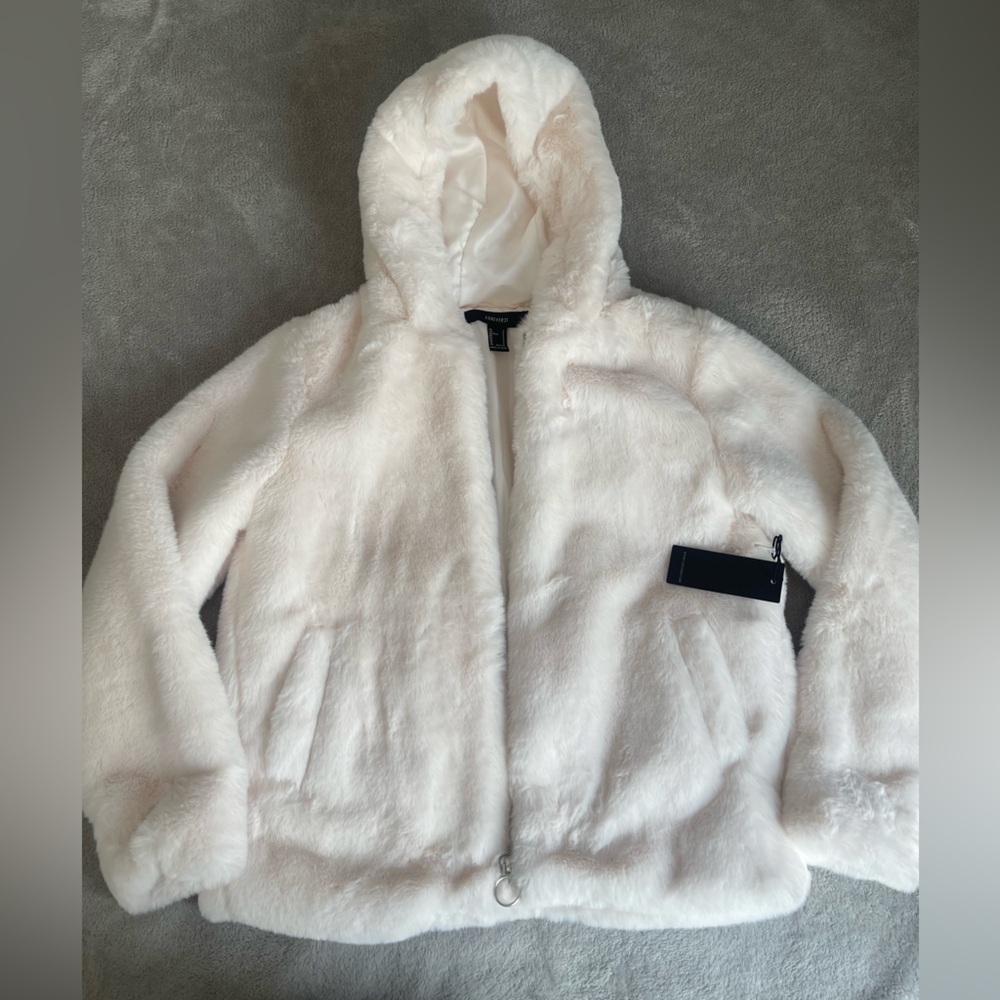 Off White Faux Fur Hooded Jacket